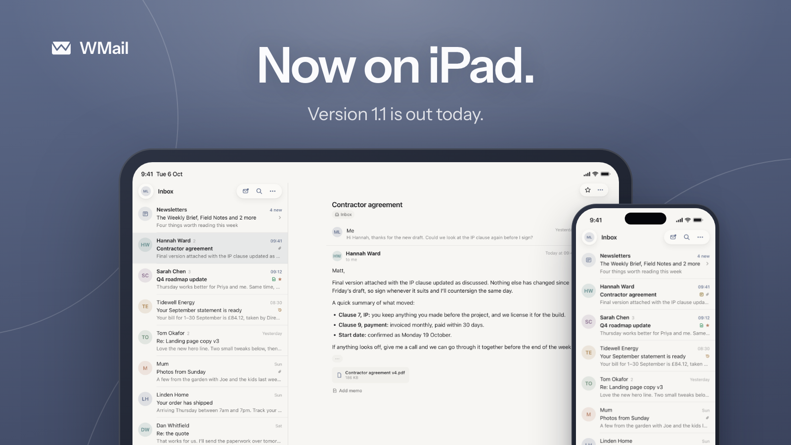 WMail on iPad, with the inbox beside the open email, and on iPhone